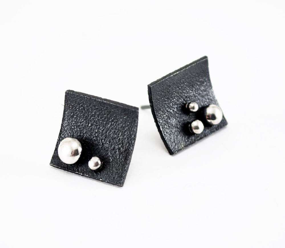 Oxidized - Texturized Sterling Silver Earrings. Black And White. Post. Raindrops 2 Earrings. Handmade By Maria Goti Joyas