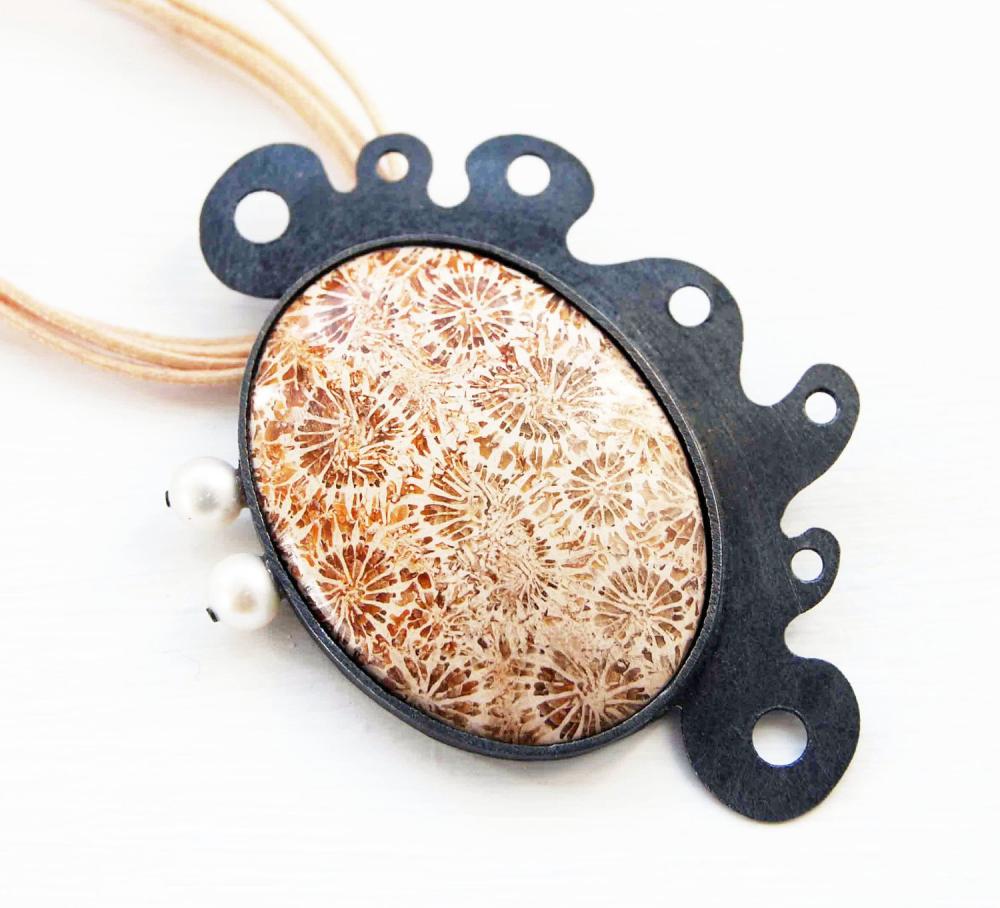 Oxidized Sterling Silver Pendant. Fossilized Coral. Cultured Pearls. Ooak. C. Marinas Xi Pendant. Handmade By Maria Goti Joyas.