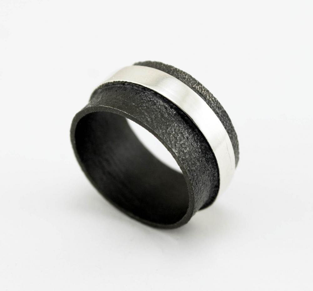 Oxidized - Texturized Sterling Silver Band Ring - Wedding Band. Black And White. Orbita Ii Ring. Unisex. Handmade By Maria Goti Joyas.