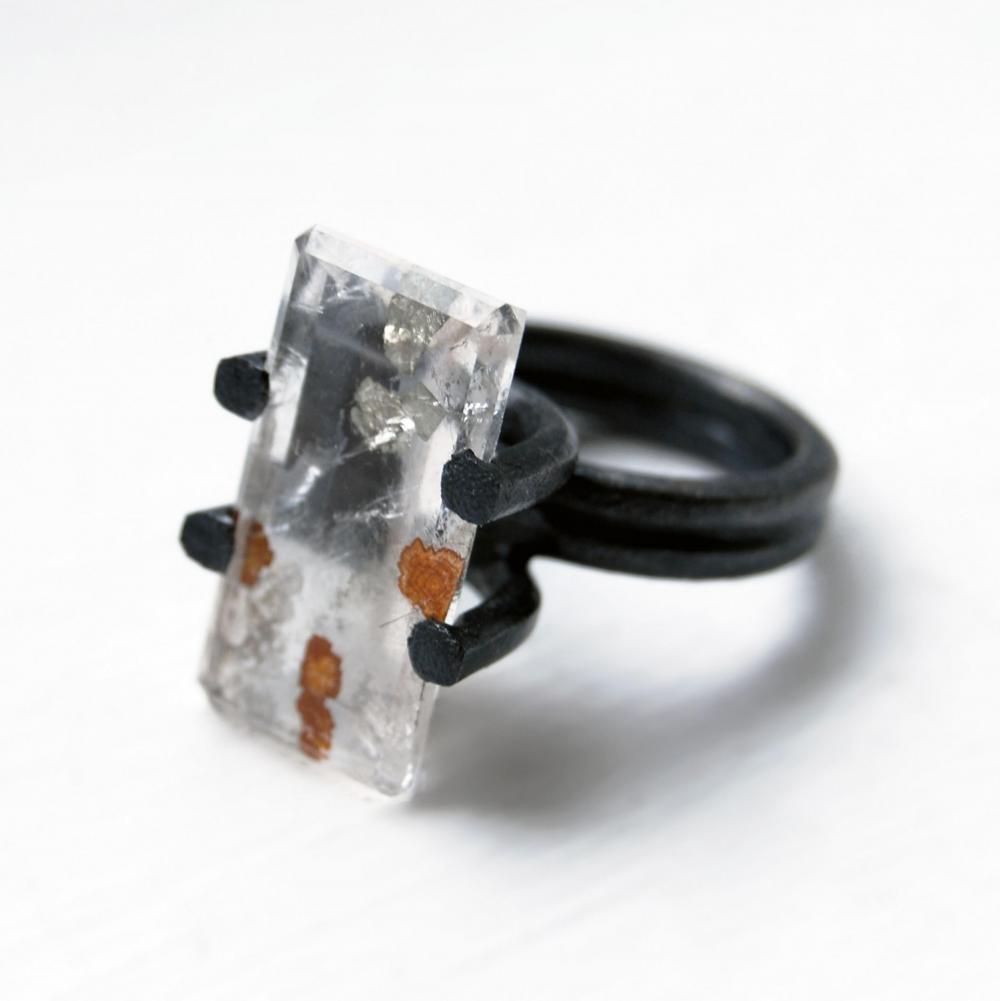 Oxidized Sterling Silver Ring. Dendritic Quartz. One Of A Kind. Silex Ring. Us Size: 6. Handmade By Maria Goti Joyas.